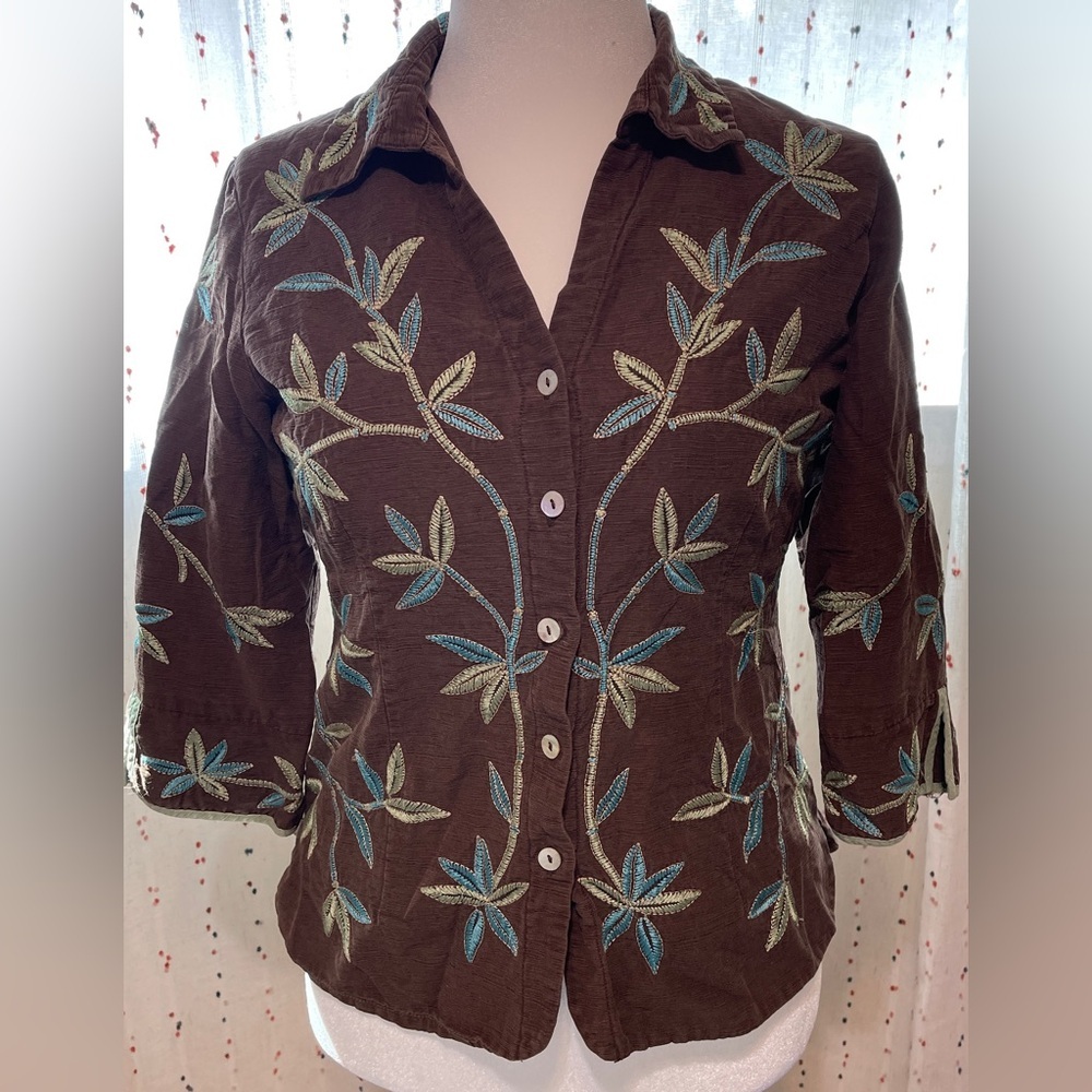 Silkland Brown Jacket 100% Silk Embroidered Button-Front Boho Floral Large - Picture 2 of 7